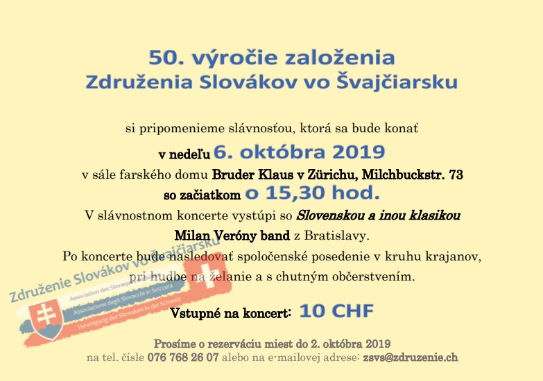 Slvnostn podujatie pri prleitosti 50. vroia zaloenia Zdruenia Slovkov vo vajiarsku 2019