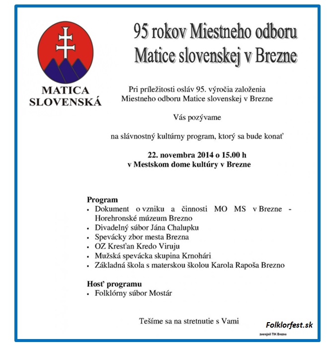 95. vroia zaloenia  Miestneho odboru Matice slovenskej v Brezne 2014