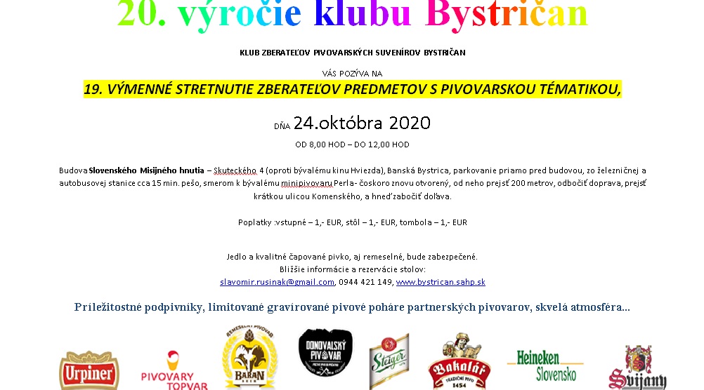 ZRUŠENÉ - - - 19. výmenné stretnutie zberateľov predmetov s pivovarskou tématikou 2020 Banská Bystrica