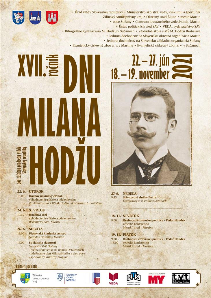 NOVÉ - - - Dni Milana Hodžu 2021 Martin - 17. ročník podujatia
