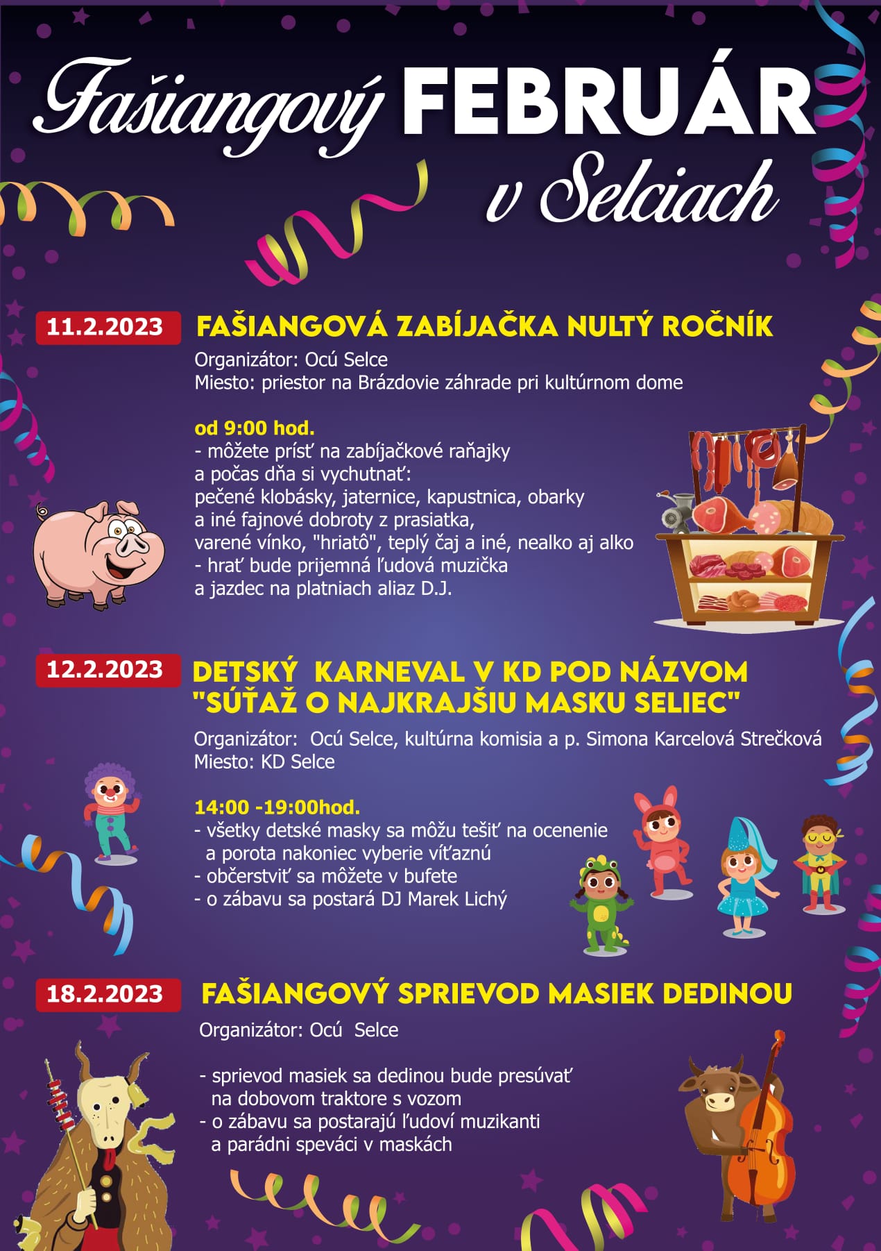 Fašiangový február v Selciach 2023 - fašianová zabíjačka a detský karneval a sprievod masiek dedinou