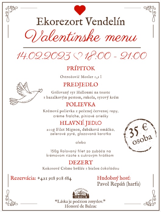 Valentínske menu v Ekorezorte Vendelín 2023 Podskalie