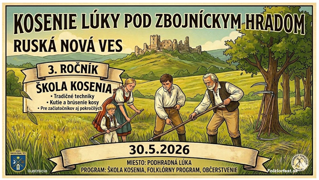Kosenie lúky pod Zbojníckym hradom 2026 Ruská Nová Ves - 3. ročník Škola kosenia