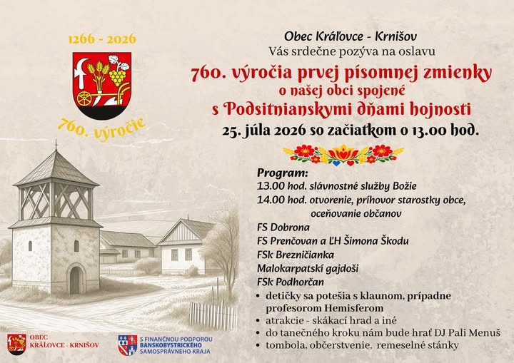 Deň obce 2026 Kráľovce-Krnišov a 760. výročie prvej písomnej zmienky o obci