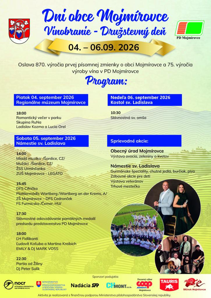 Dni obce Mojmírovce 2026 - 870. výročie obce a 75. výročie výroby vína v PD Mojmírovce