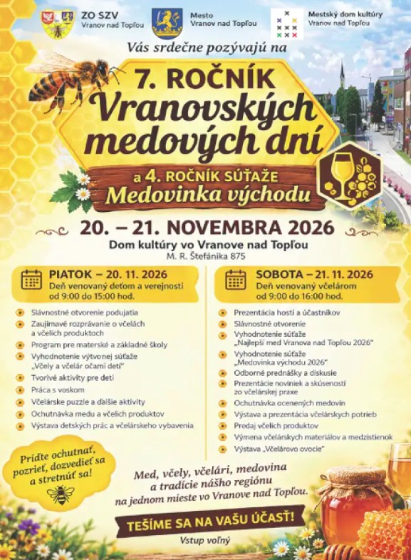 7. Vranovské medové dni a 4. súťaž Medovina východu 2026 Vranov nad Topľou