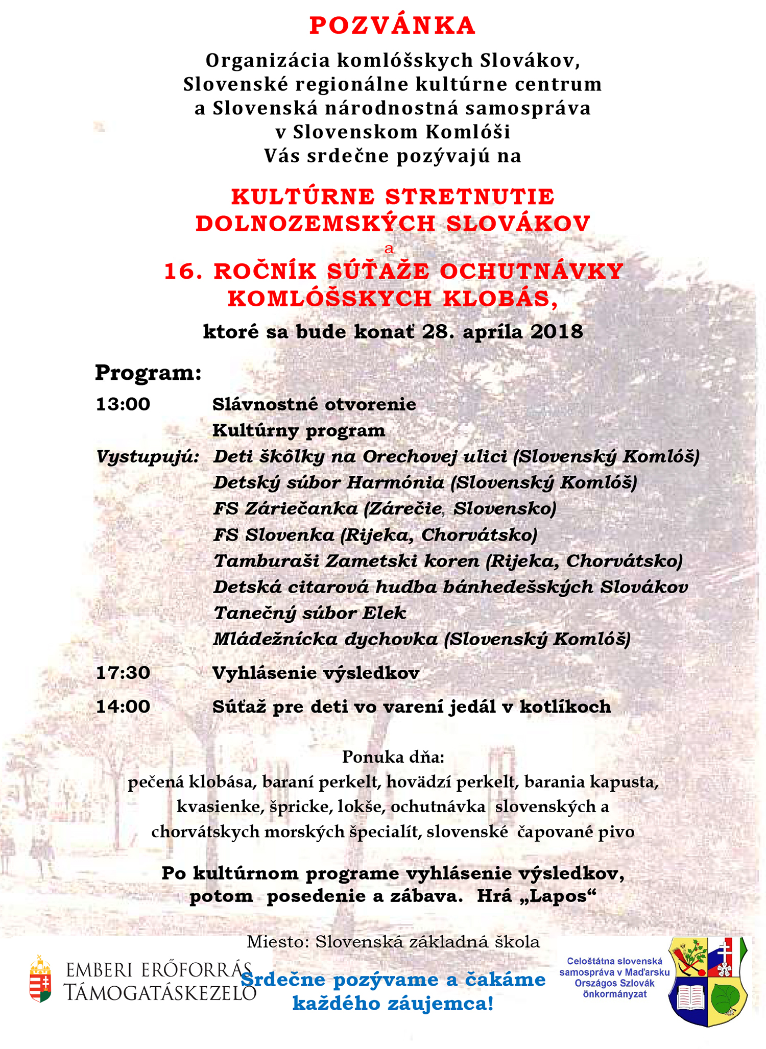 Kultúrne stretnutie dolnozemských Slovákov a 16. ročník súťaže ochutnávky komlóšských klobás v Slovenskom Komlóši 2018