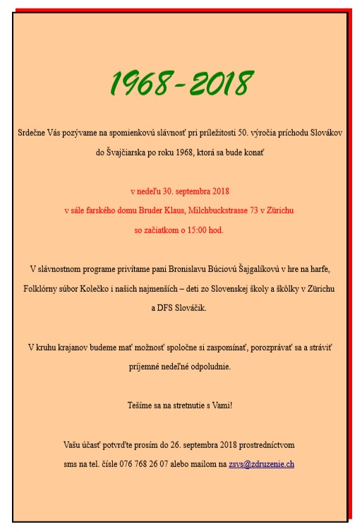 50. výročie príchodu Slovákov do Švajčiarska po roku 1968 Zürich