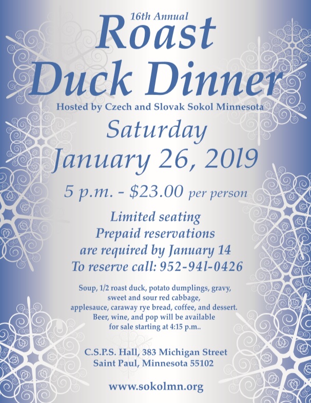 16th Annual Roast Duck Dinner - 16. ročník  večere s pečenou kačkou 2019 Minnesota